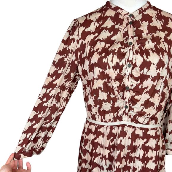 Burberry Brit 12 100% Silk Brown Tan Houndstooth 3/4 Sleeve Button Mini Dress - Picture 8 of 13